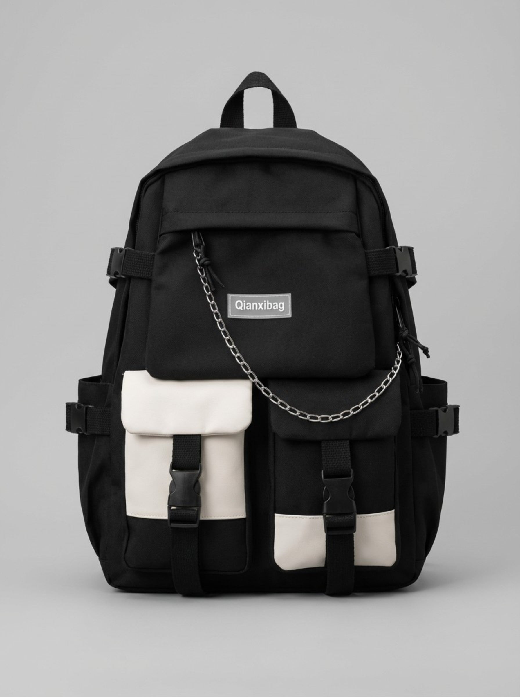 Men's Urban Techwear Backpack "Qianxibag" — Black & Cream Contrast