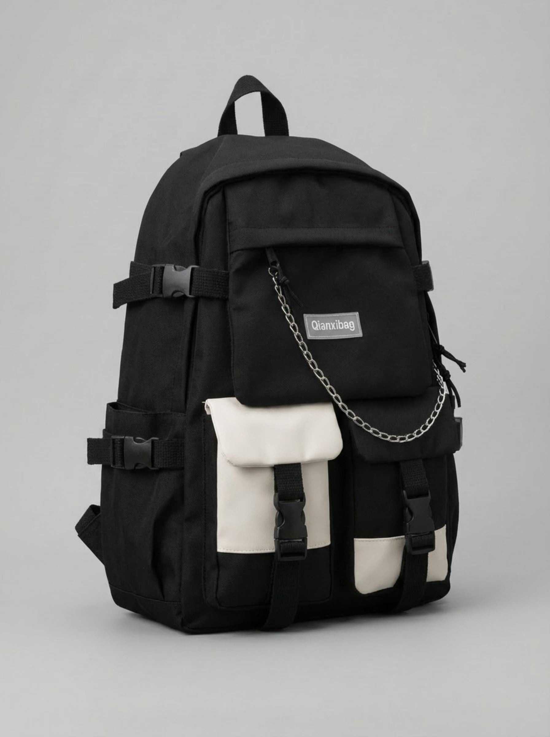 Men's Urban Techwear Backpack "Qianxibag" — Black & Cream Contrast