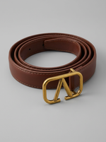 Women's Cognac Leather Belt with Signature V-Logo Geometric Buckle
