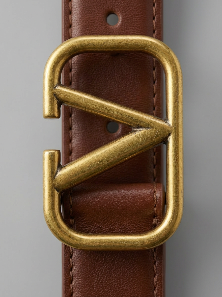 Women's Cognac Leather Belt with Signature V-Logo Geometric Buckle