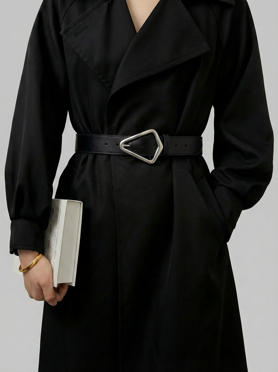 Women's Black Leather Belt with Architectural Geometric Buckle — Antique Silver Edition