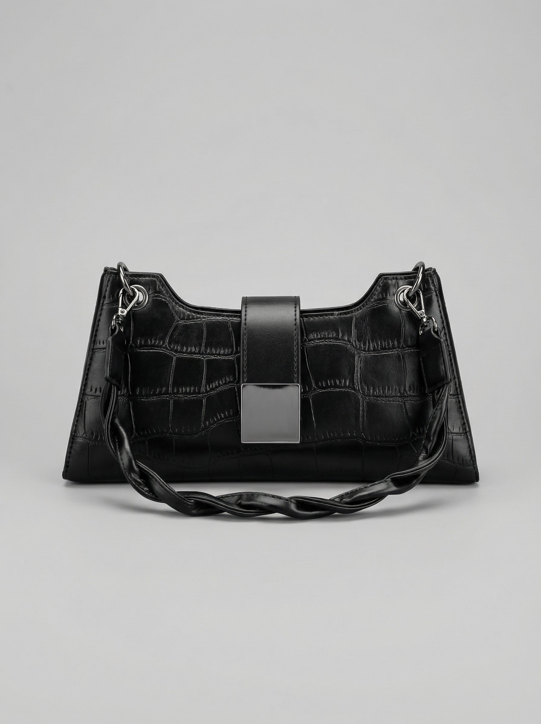 Women's Croc-Embossed Sculptural Baguette — Ebony Noir
