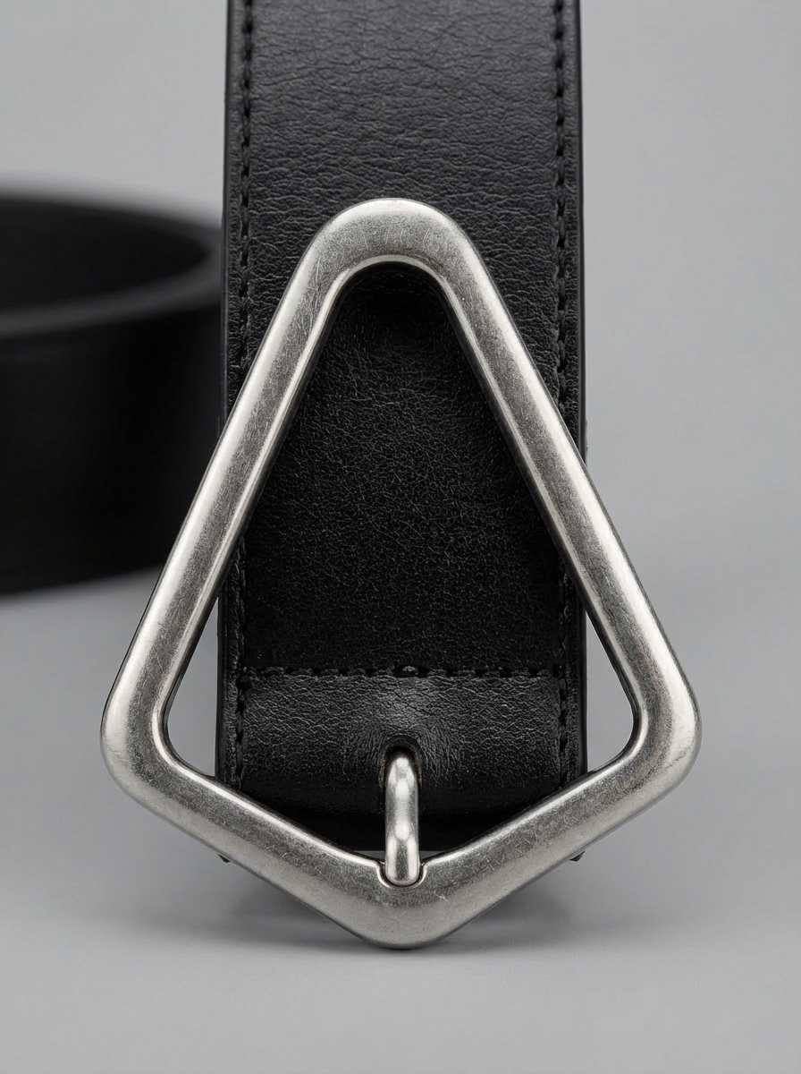 Women's Black Leather Belt with Architectural Geometric Buckle — Antique Silver Edition