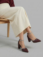 Women's Burgundy Rhinestone-Embellished Block Heel Pumps