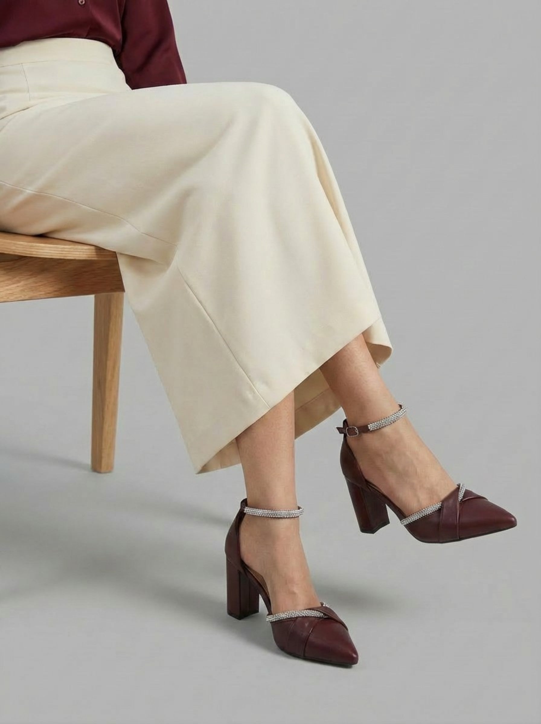 Women's Burgundy Rhinestone-Embellished Block Heel Pumps