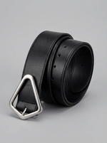 Women's Black Leather Belt with Architectural Geometric Buckle — Antique Silver Edition