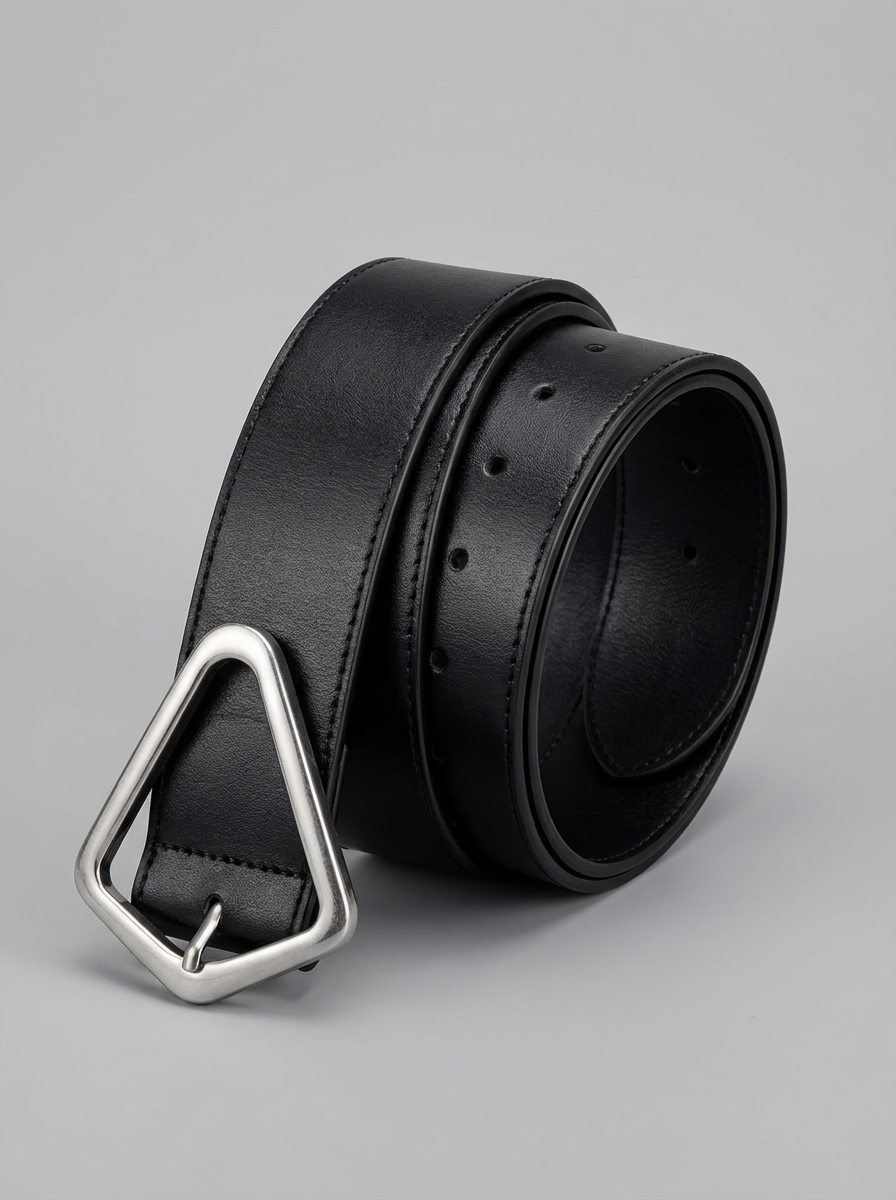 Women's Black Leather Belt with Architectural Geometric Buckle — Antique Silver Edition