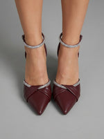 Women's Burgundy Rhinestone-Embellished Block Heel Pumps