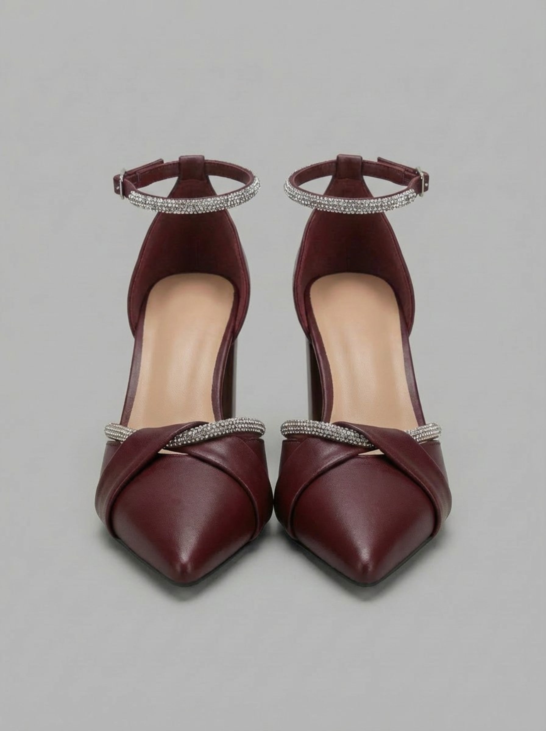 Women's Burgundy Rhinestone-Embellished Block Heel Pumps
