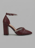 Women's Burgundy Rhinestone-Embellished Block Heel Pumps