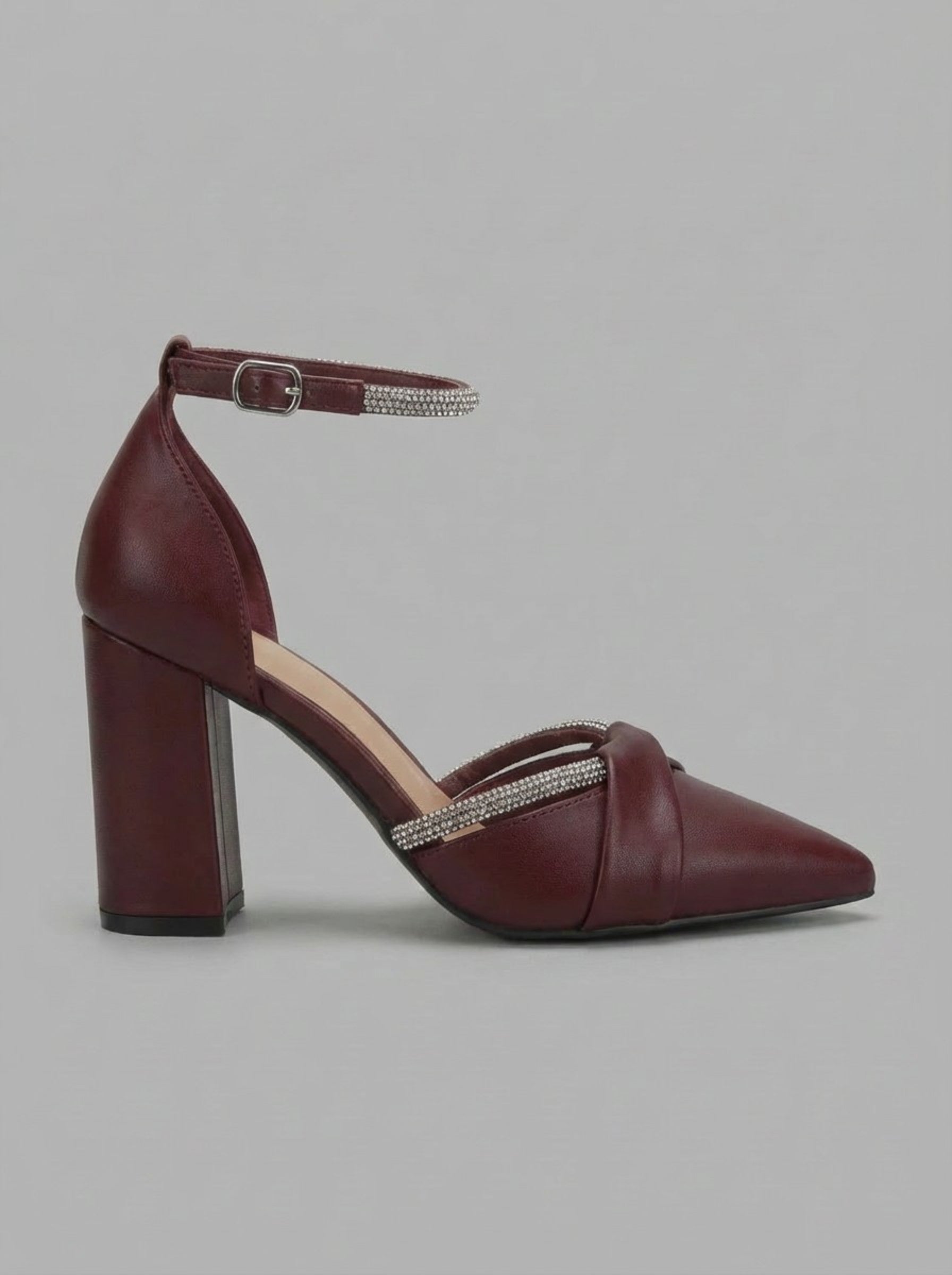 Women's Burgundy Rhinestone-Embellished Block Heel Pumps