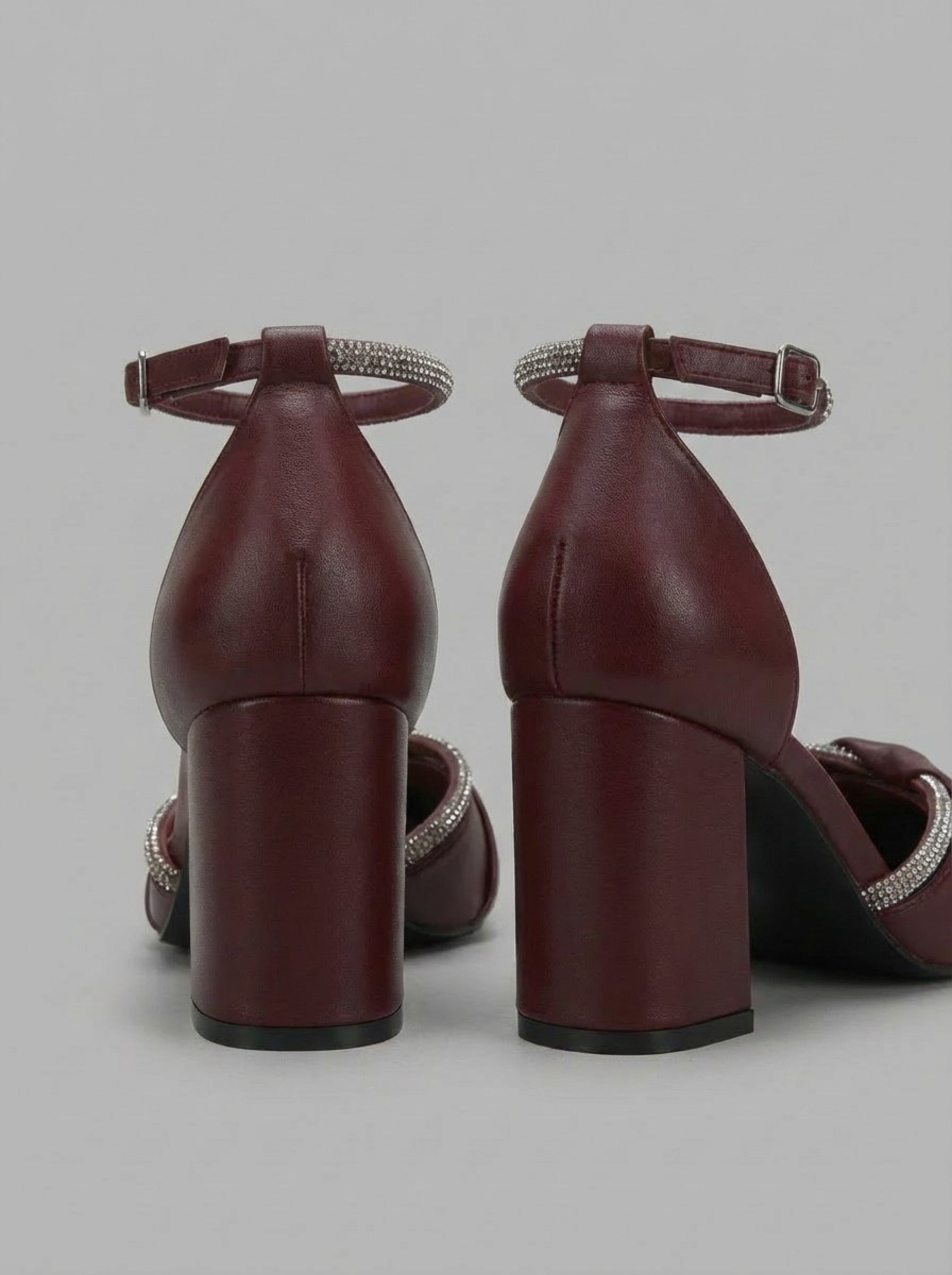 Women's Burgundy Rhinestone-Embellished Block Heel Pumps
