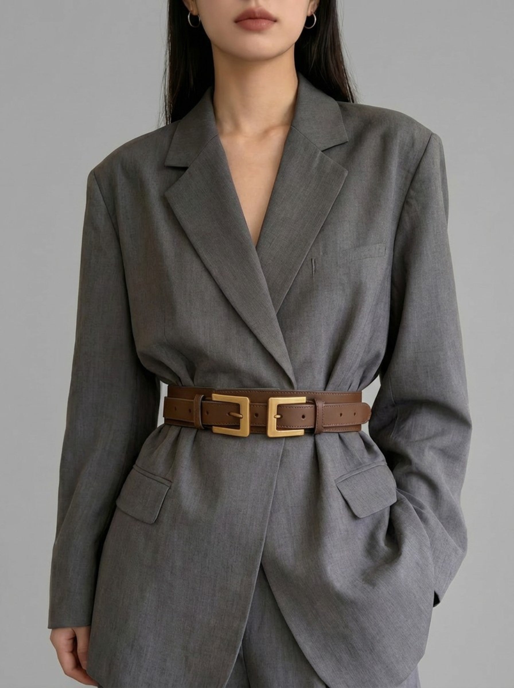 Women's Architectural Double-Buckle Waist Belt — Caramel Leather Edition