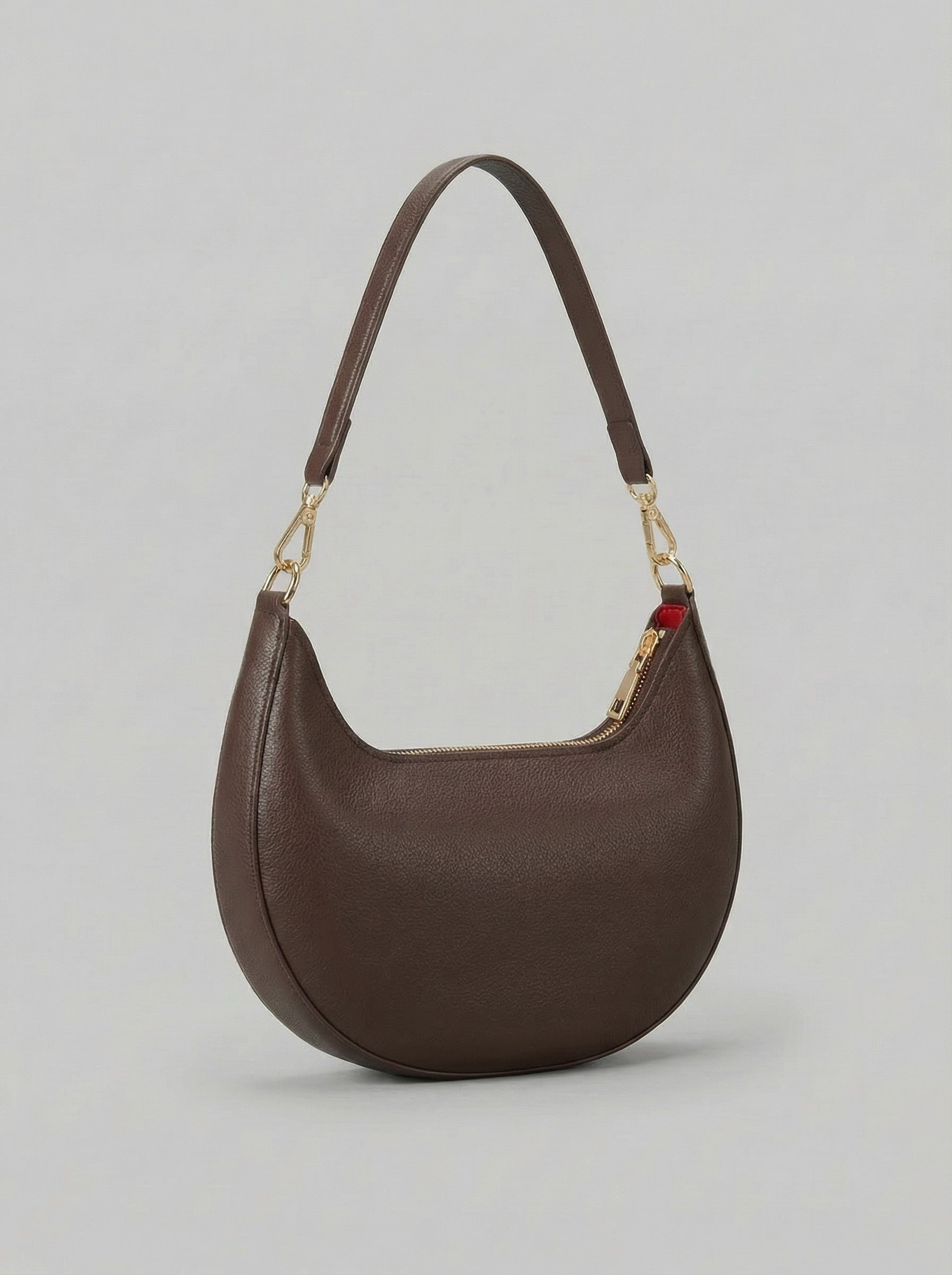 Women's Chocolate Pebbled Leather Crescent Moon Bag — Gold Hardware Edition