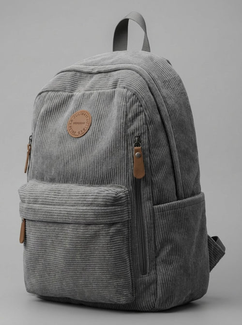 Grey Corduroy Vintage-Style Backpack