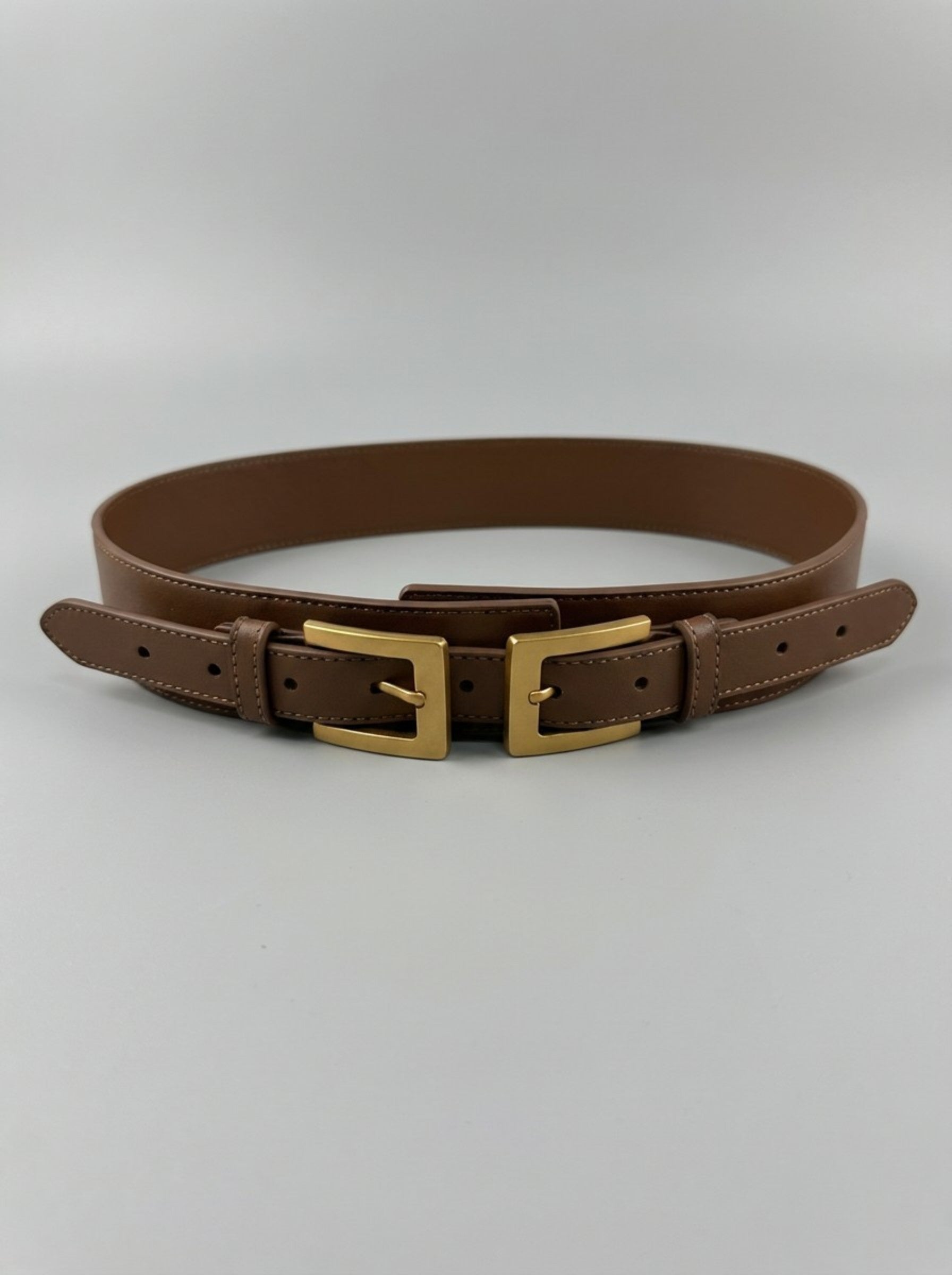 Women's Architectural Double-Buckle Waist Belt — Caramel Leather Edition