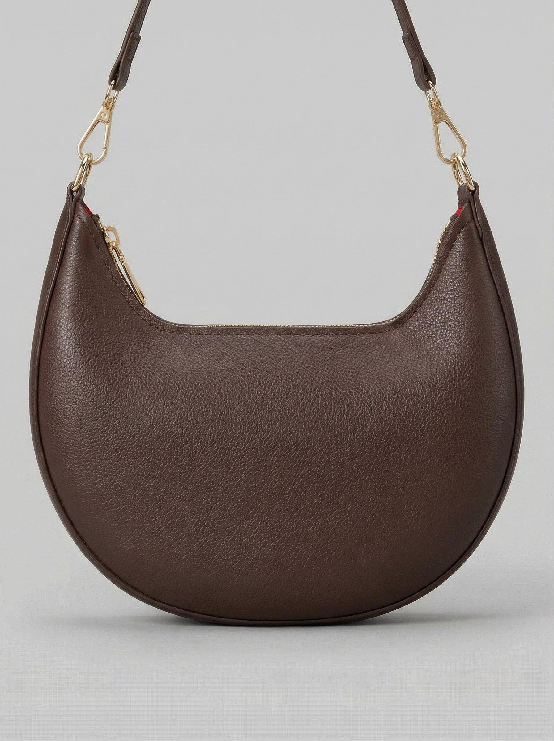 Women's Chocolate Pebbled Leather Crescent Moon Bag — Gold Hardware Edition