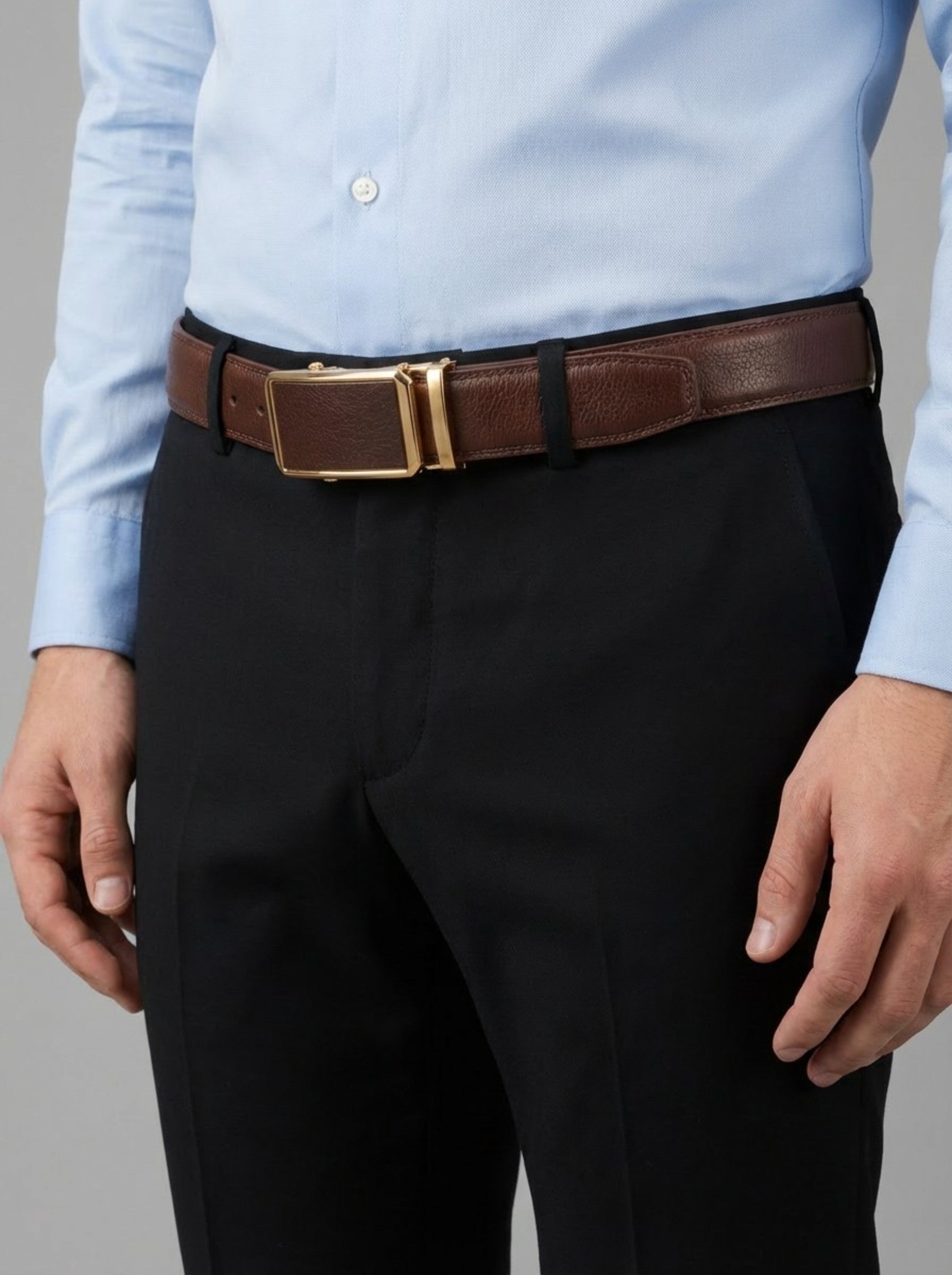 Men's Executive Automatic Leather Belt — Espresso Brown & Gold Edition