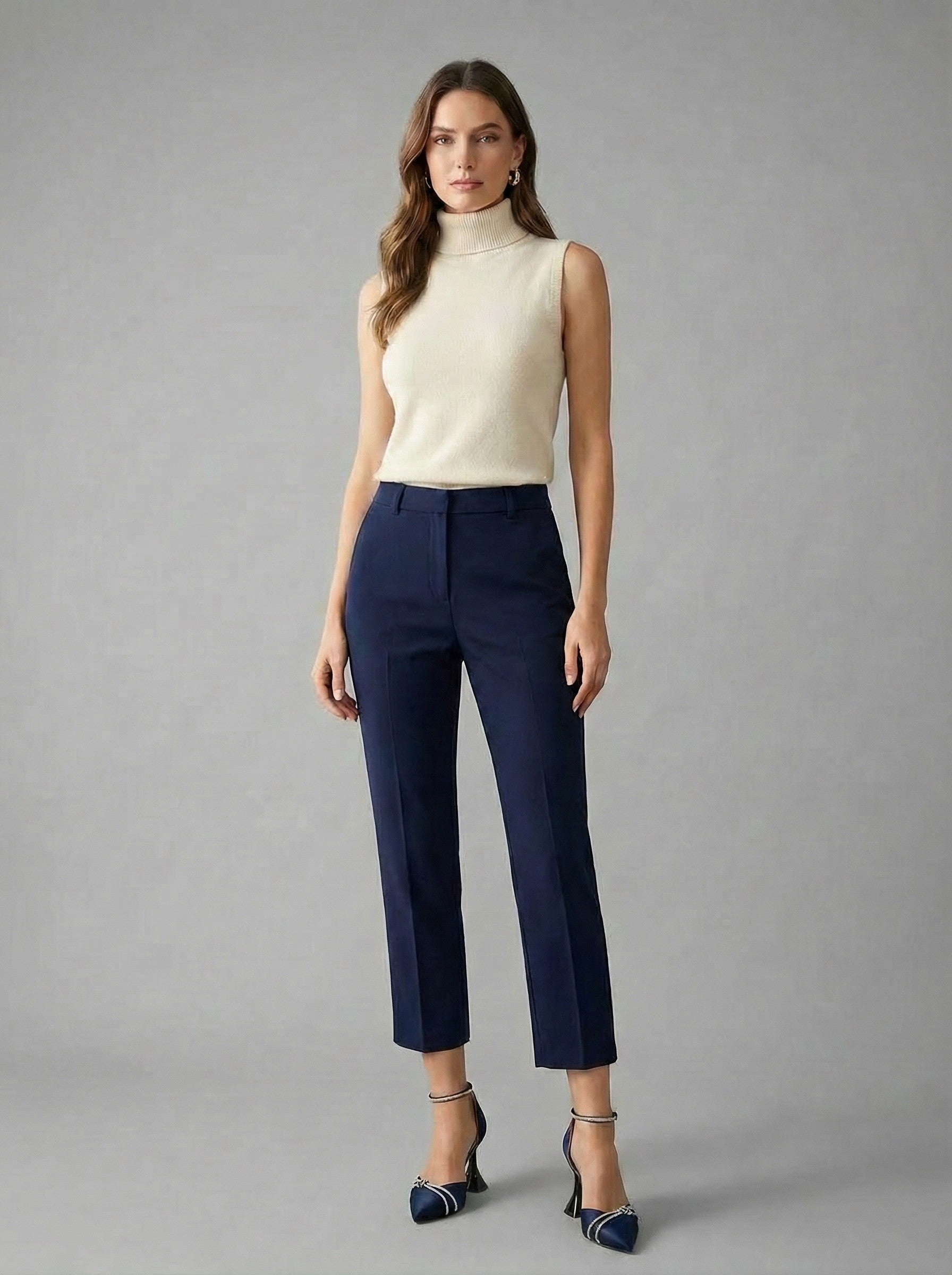 Women's Midnight Blue Satin Sculptural Heel Pumps with Crystal Embellishments