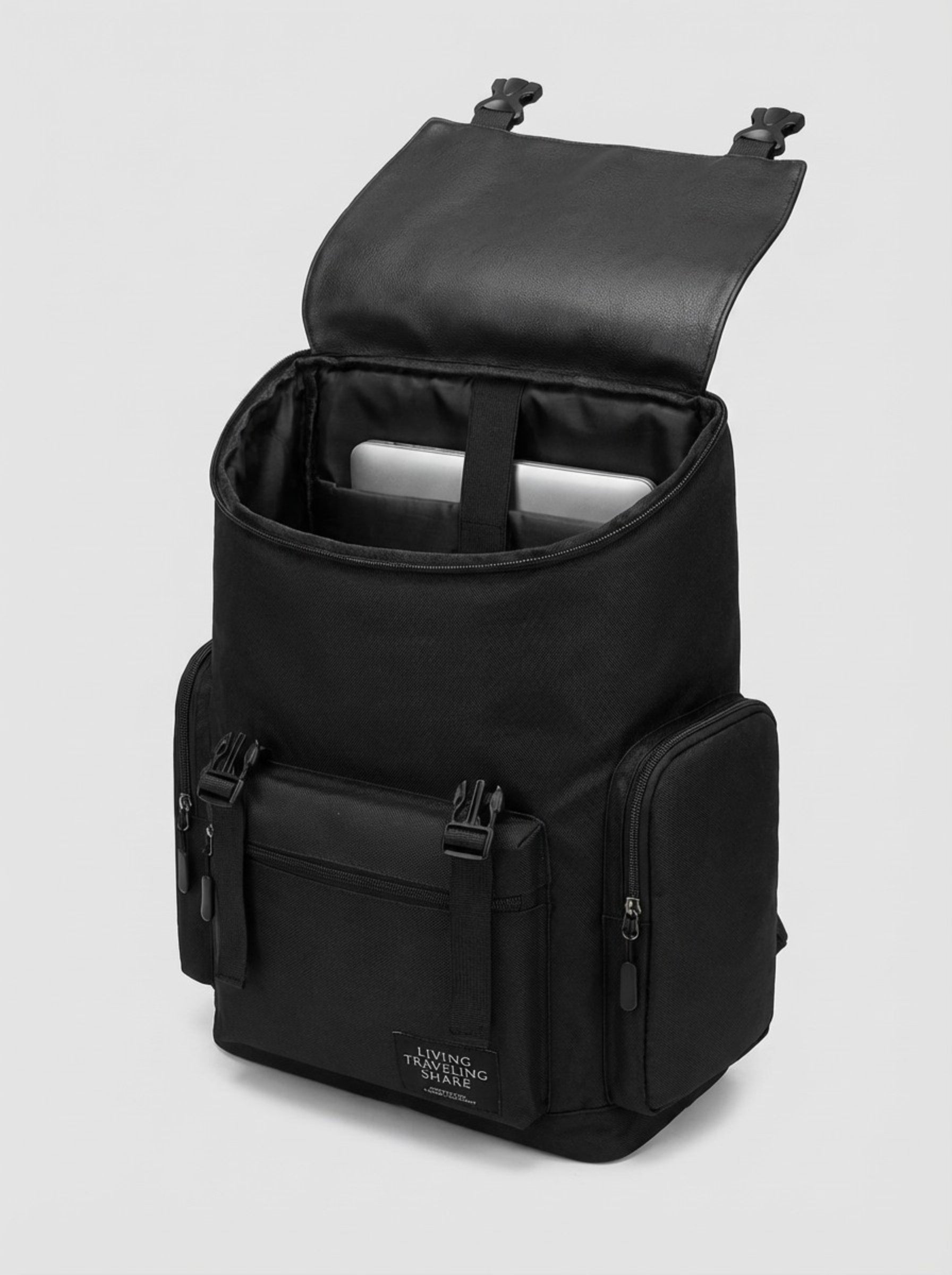 Men's Urban Flap Backpack "Living Traveling Share" — Black