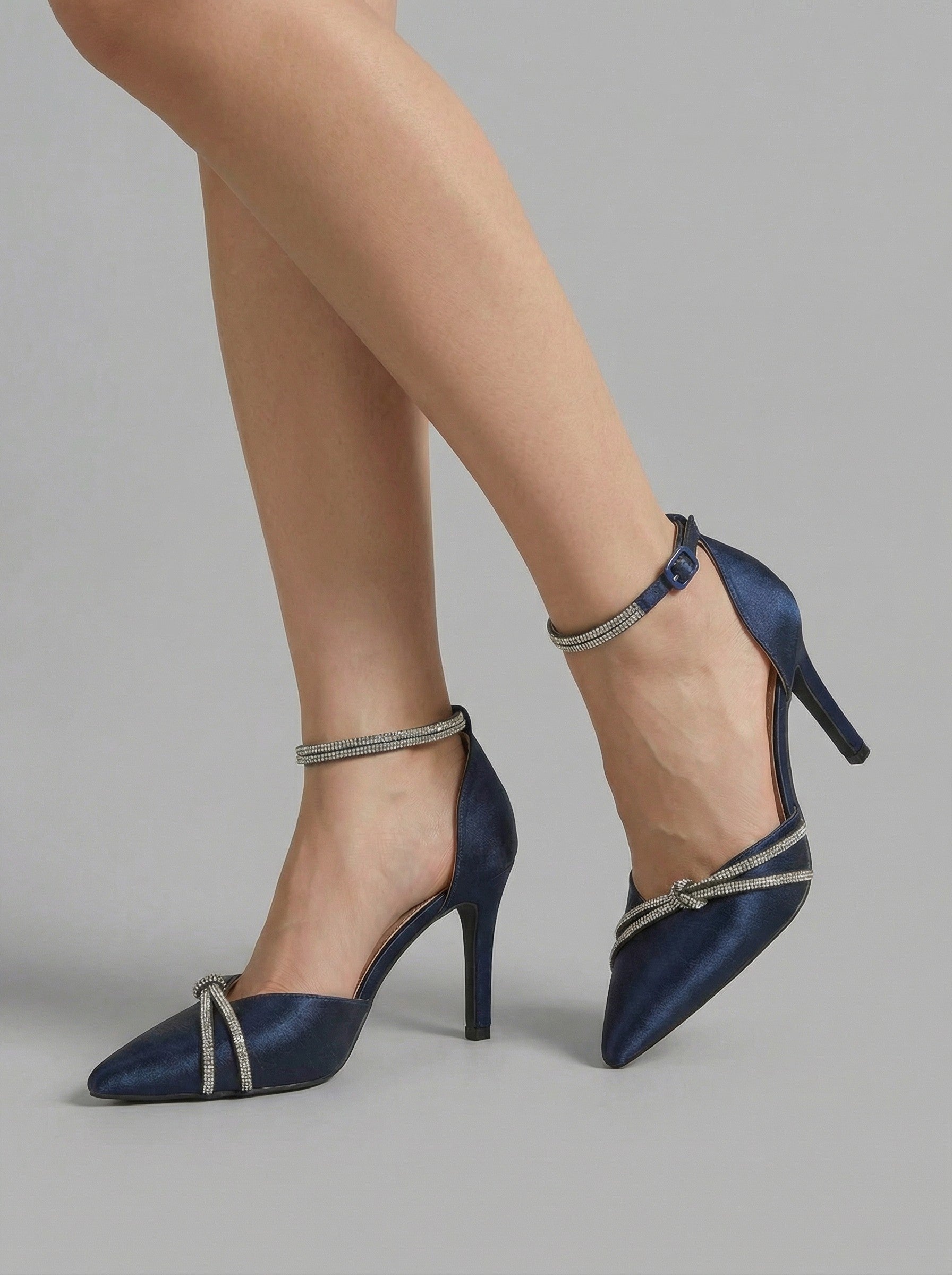 Women's Midnight Blue Satin Sculptural Heel Pumps with Crystal Embellishments