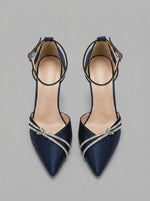 Women's Midnight Blue Satin Sculptural Heel Pumps with Crystal Embellishments