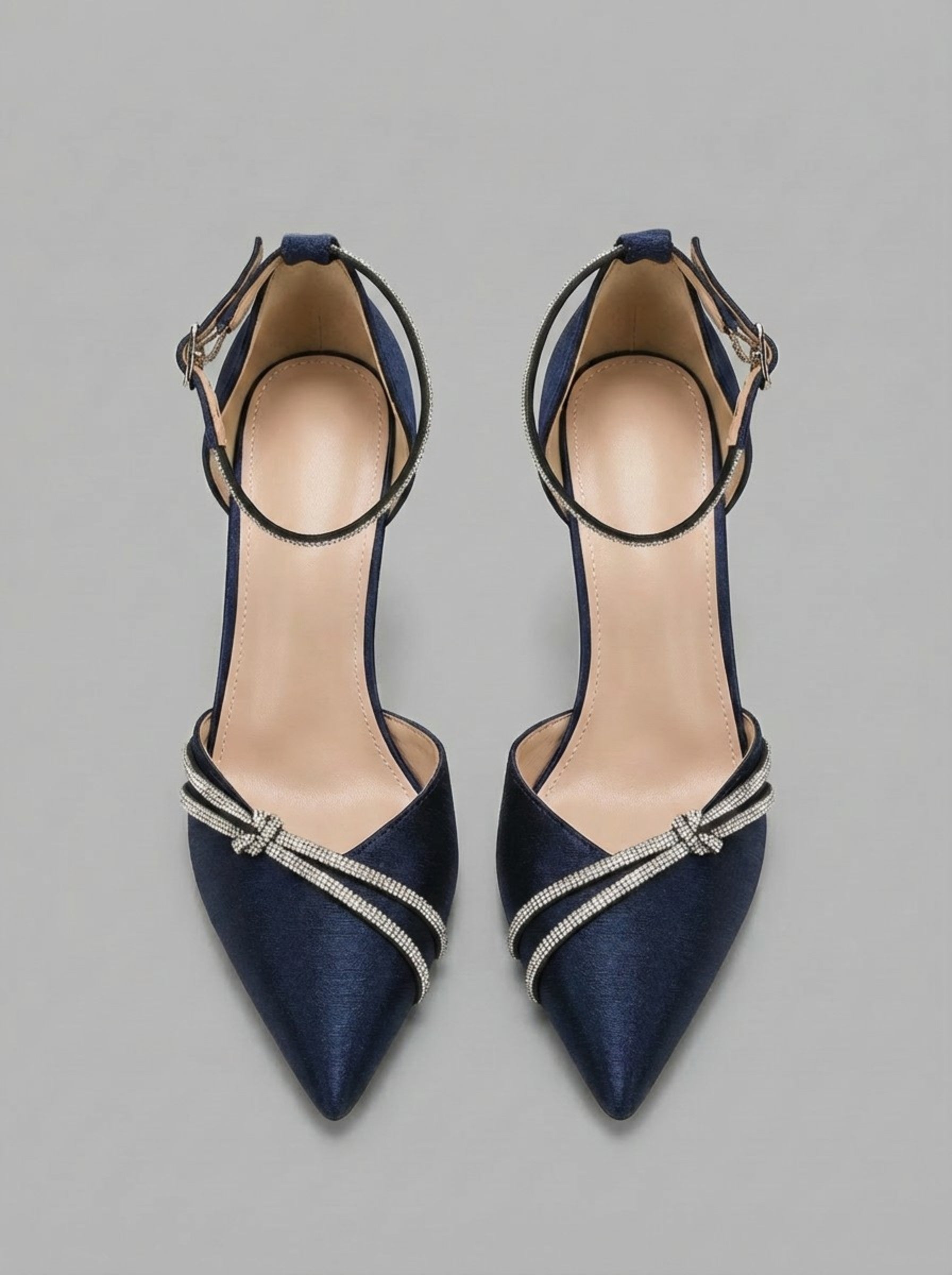 Women's Midnight Blue Satin Sculptural Heel Pumps with Crystal Embellishments