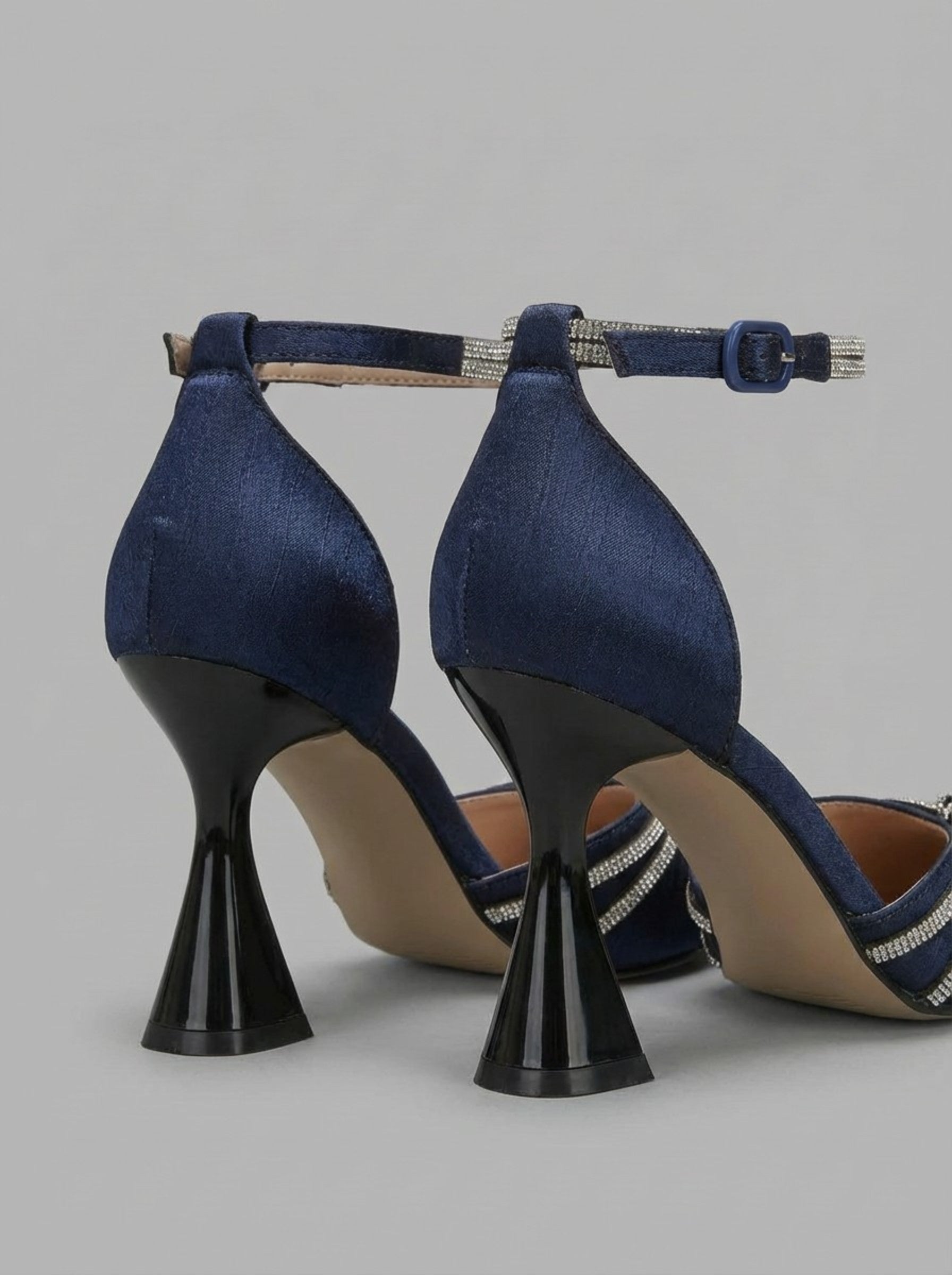 Women's Midnight Blue Satin Sculptural Heel Pumps with Crystal Embellishments
