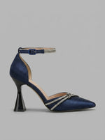 Women's Midnight Blue Satin Sculptural Heel Pumps with Crystal Embellishments