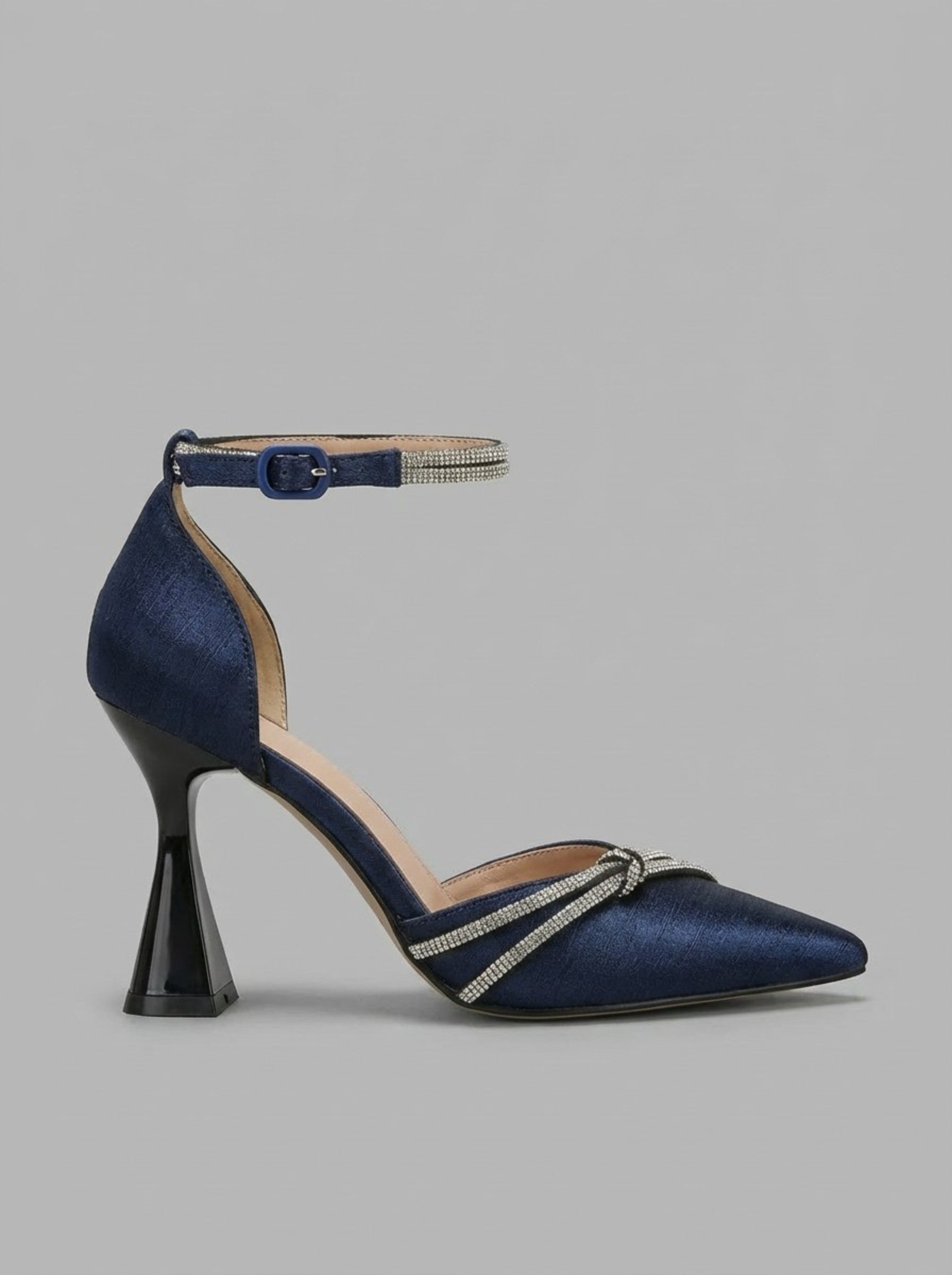 Women's Midnight Blue Satin Sculptural Heel Pumps with Crystal Embellishments