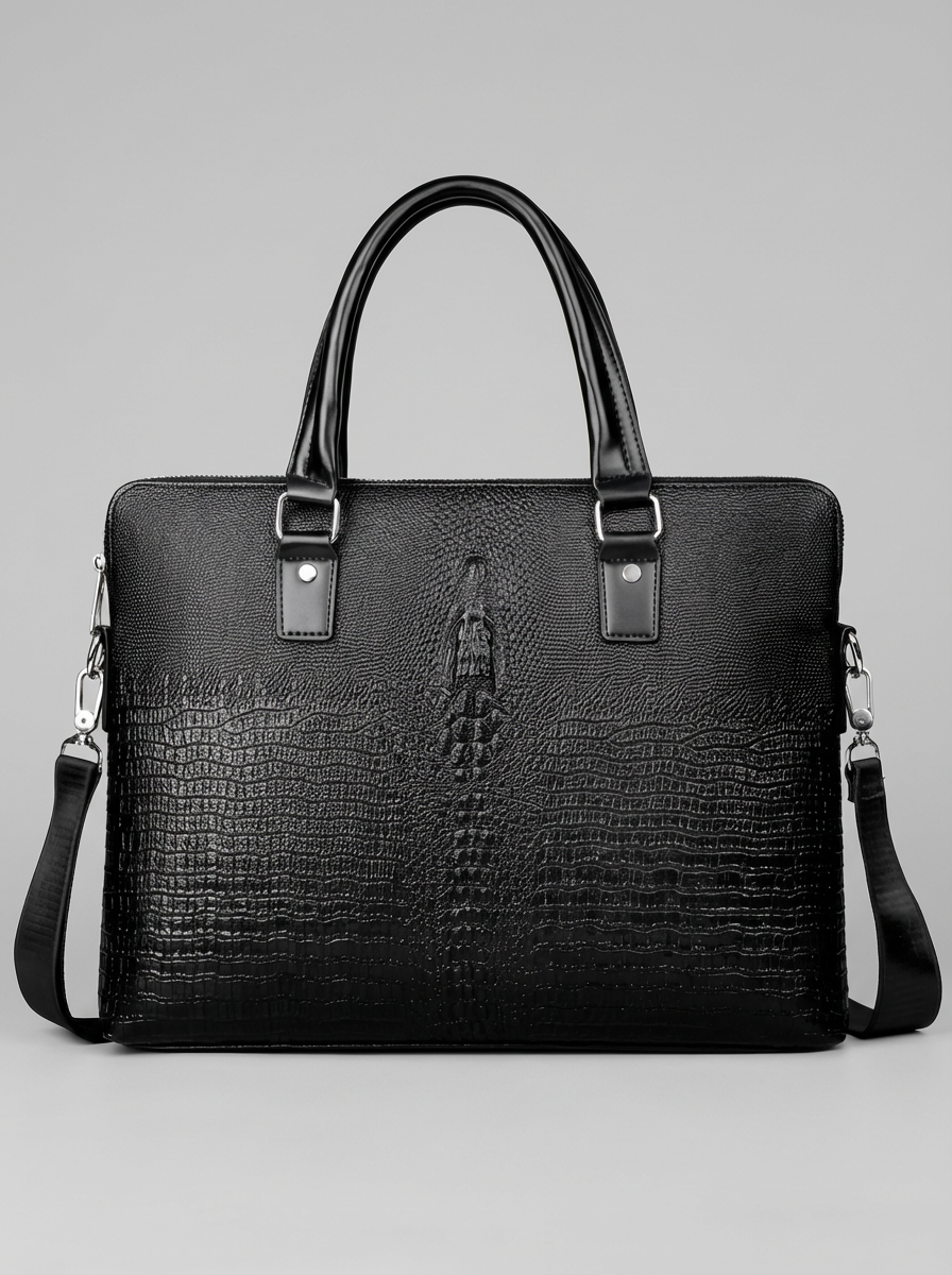 Men's 3D Crocodile-Embossed Executive Briefcase — Onyx Black