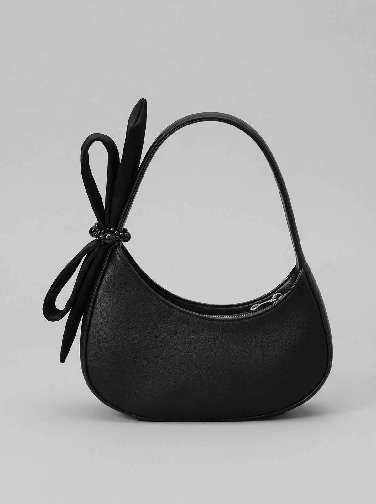 Women's Midnight Noir Bow-Accented Hobo Bag — Pearl & Satin Edition