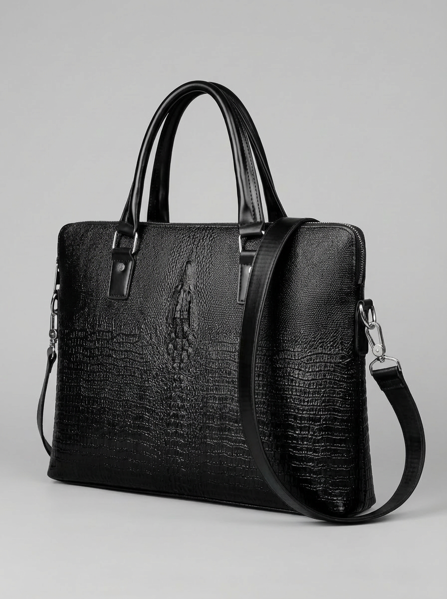 Men's 3D Crocodile-Embossed Executive Briefcase — Onyx Black