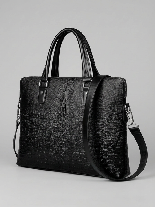 Men's 3D Crocodile-Embossed Executive Briefcase — Onyx Black