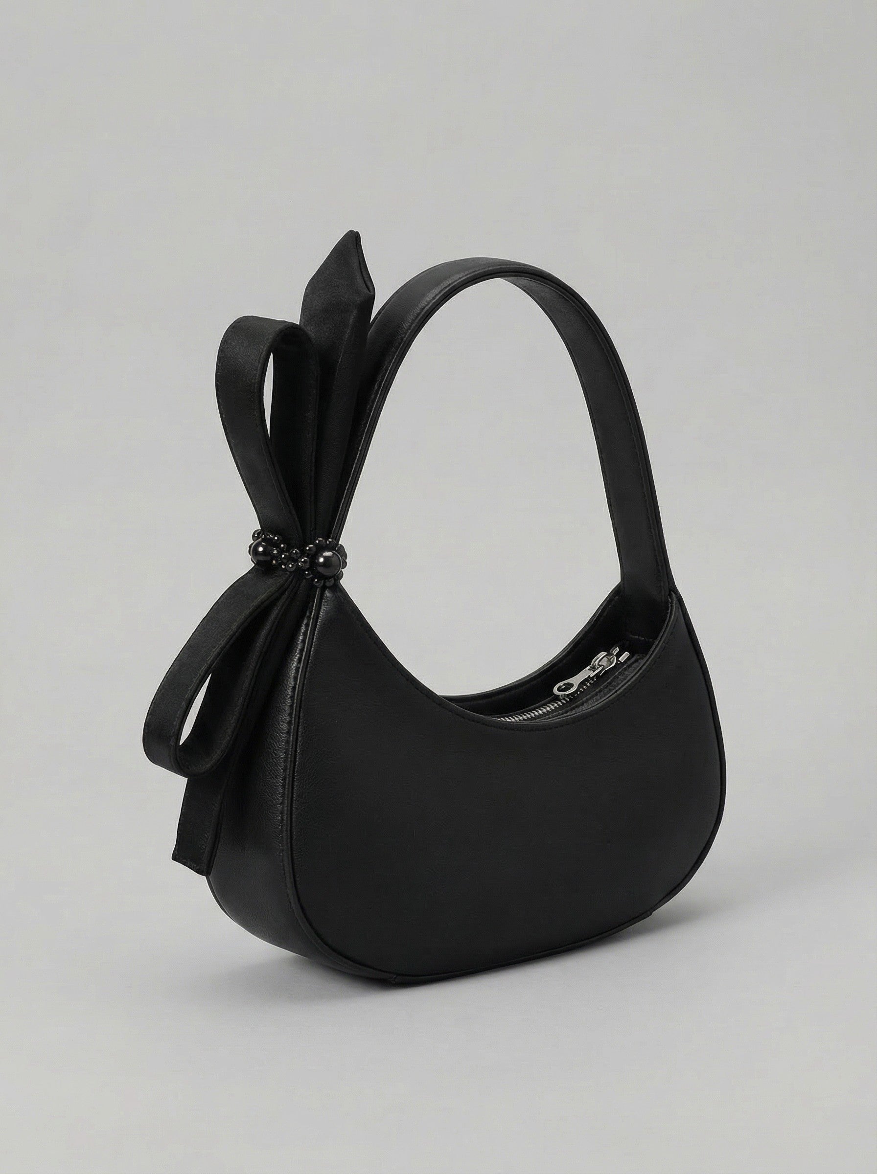 Women's Midnight Noir Bow-Accented Hobo Bag — Pearl & Satin Edition