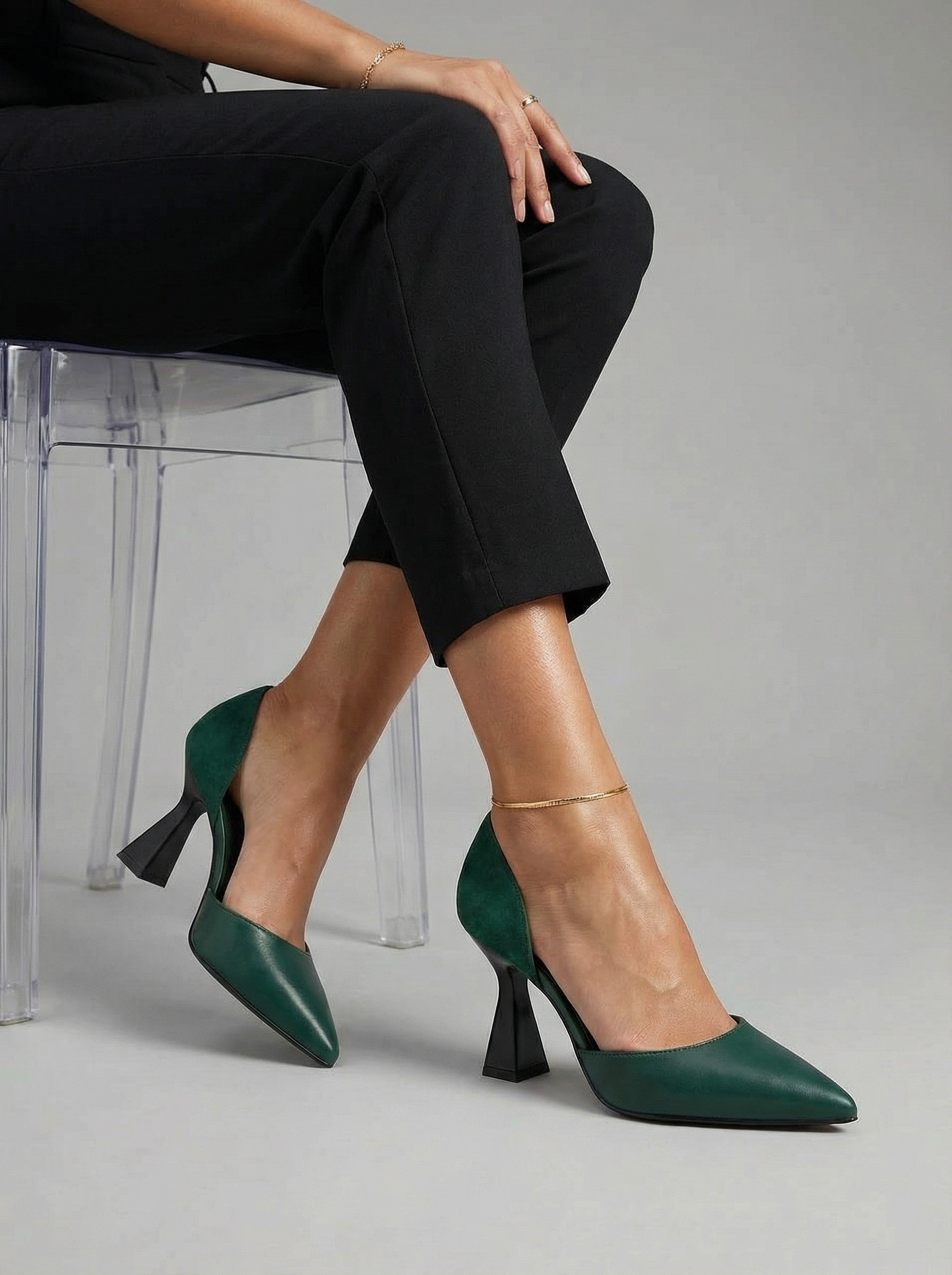 Women's Emerald Sculptural d'Orsay Pumps — Leather & Suede Mix