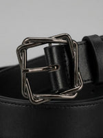 Women's Black Leather Belt with Intertwined Geometric Buckle — Gunmetal Edition