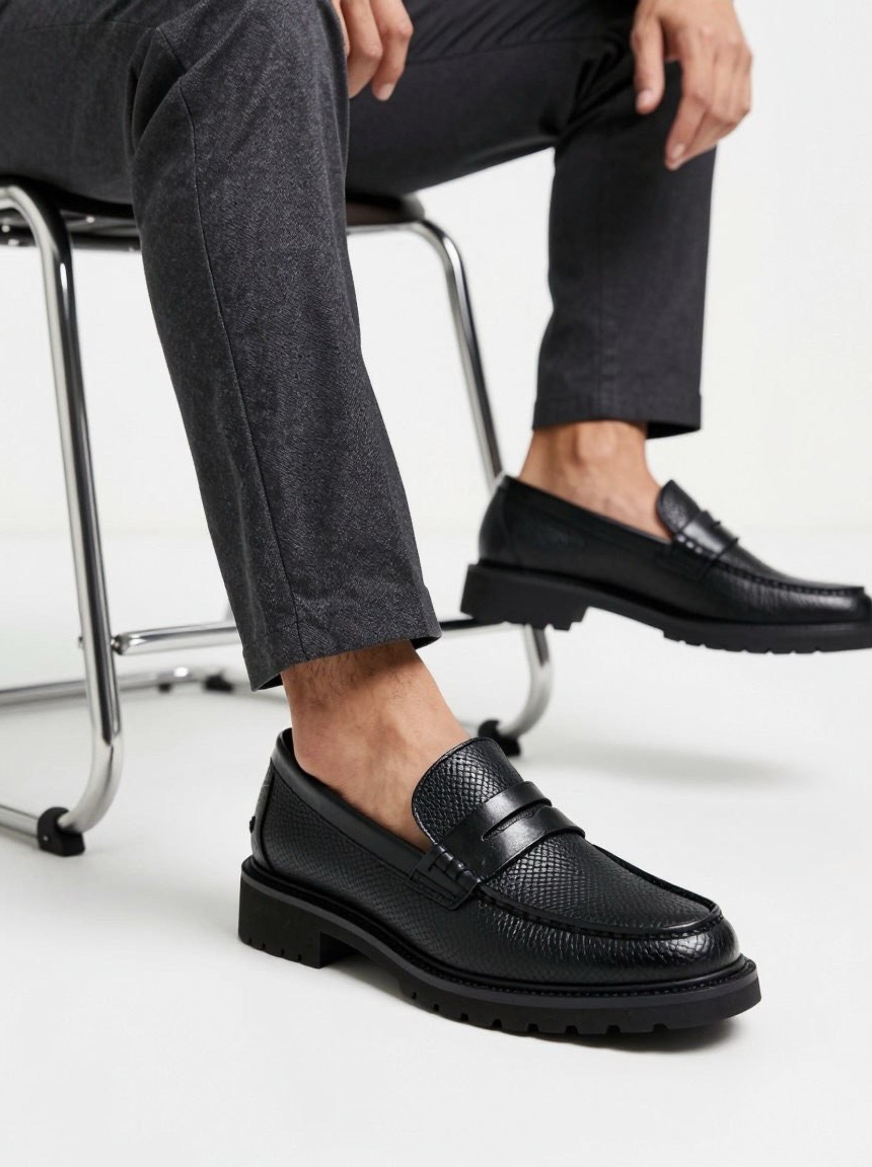 Men's Chunky Black Textured Penny Loafers