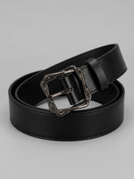 Women's Black Leather Belt with Intertwined Geometric Buckle — Gunmetal Edition