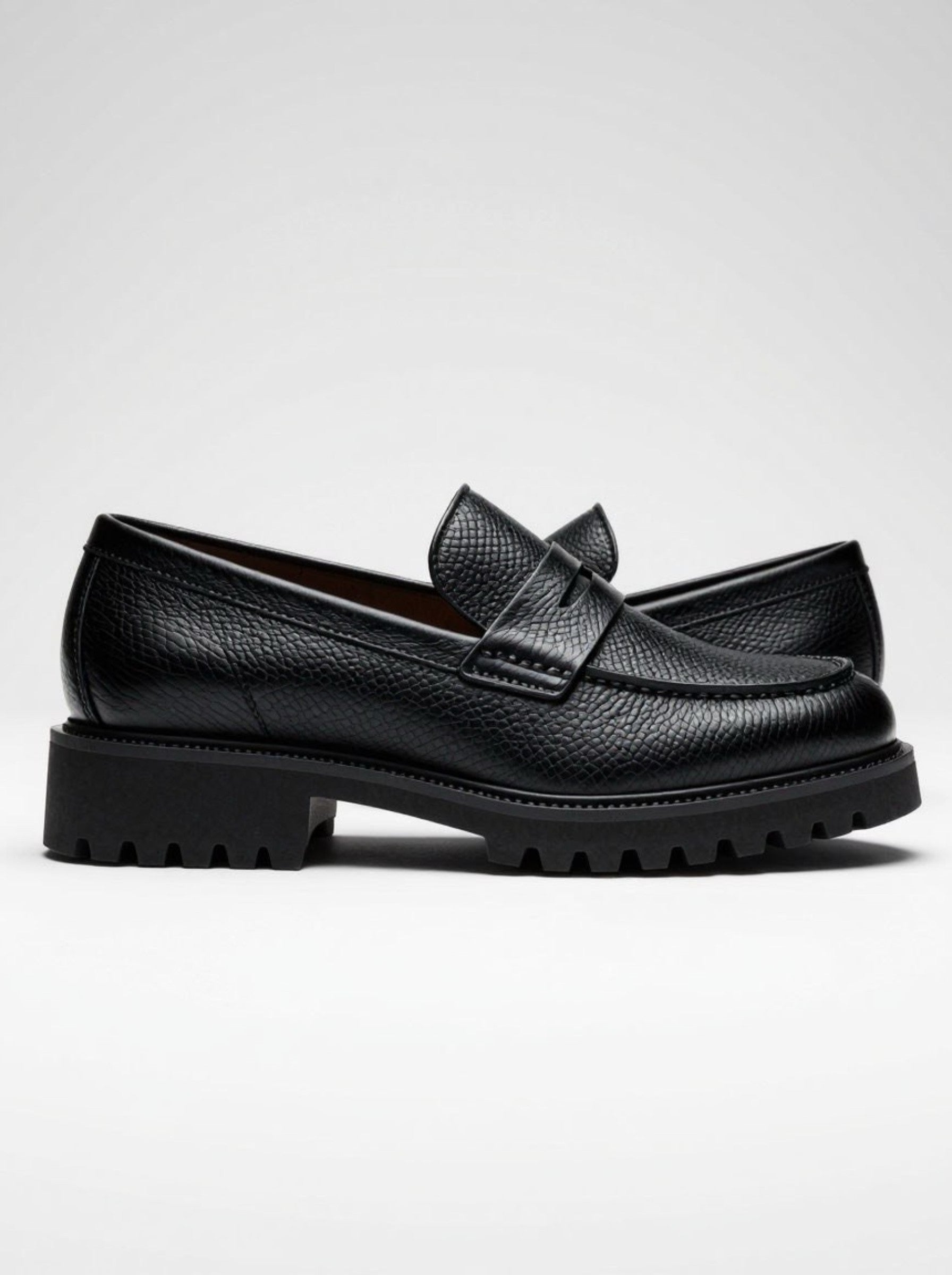 Men's Chunky Black Textured Penny Loafers